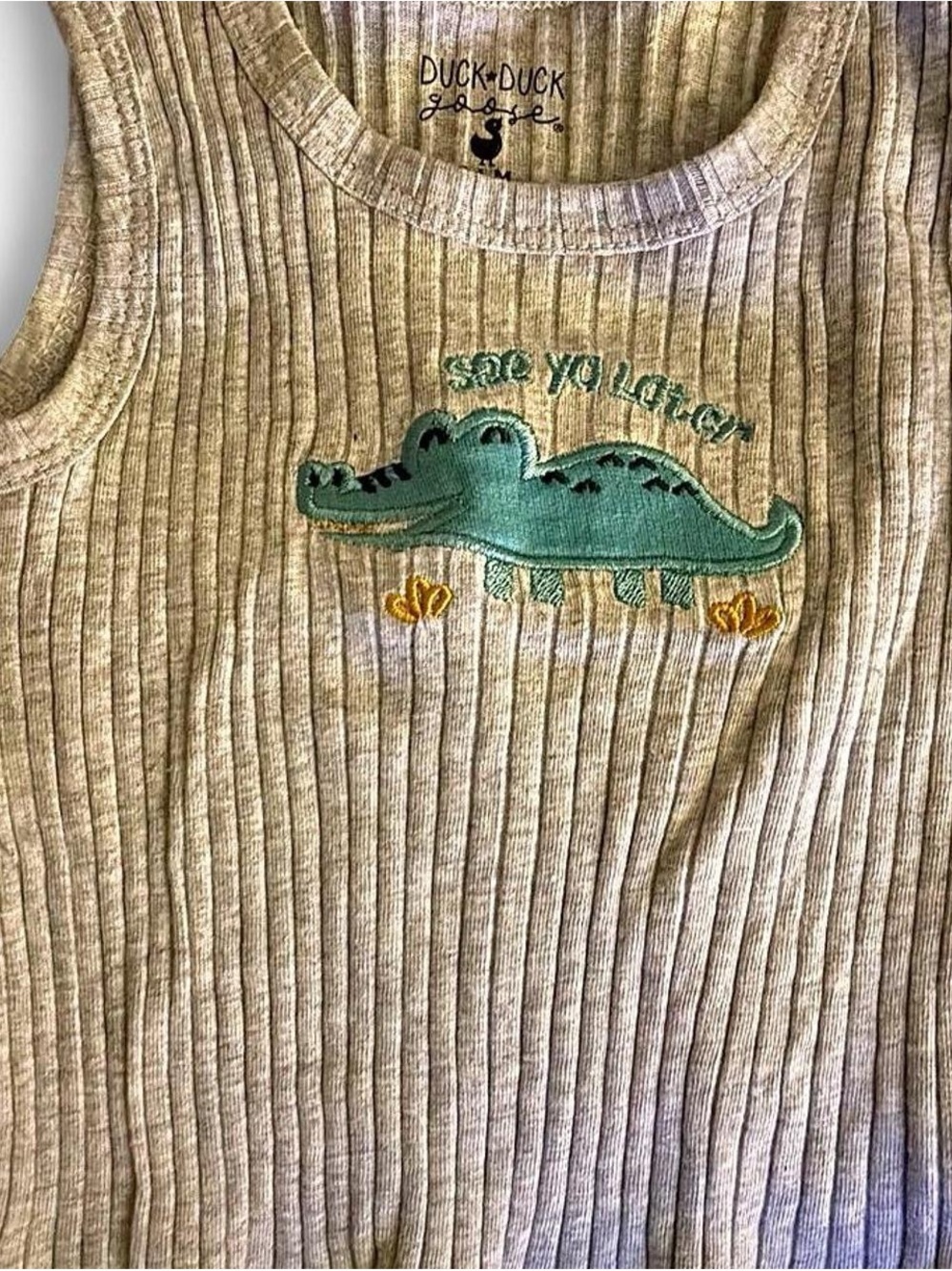 Duck Duck Goose Grey Ribbed Tank with Green Crocodile Size 2T